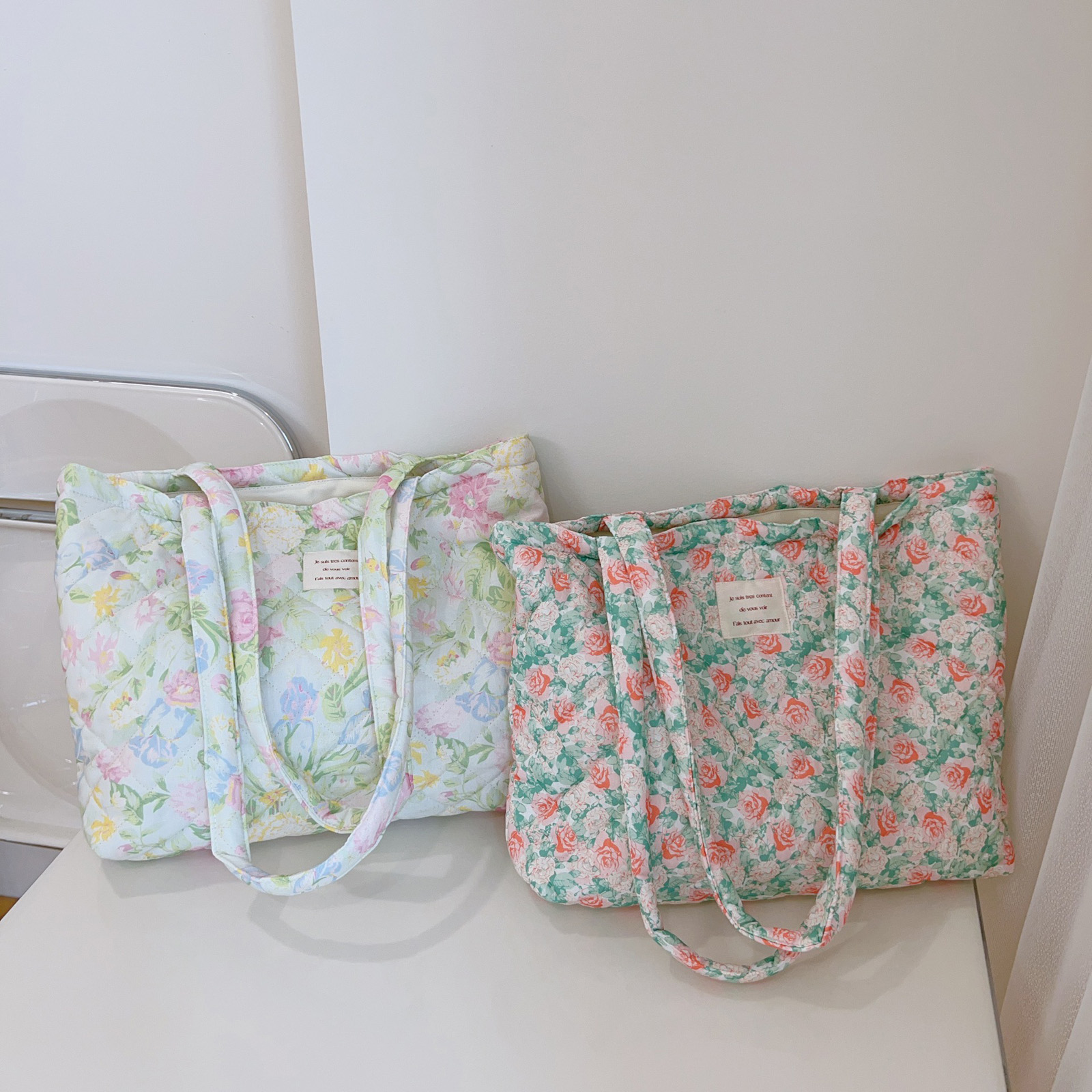 French Floral Quilted Tote Bag - Canvas Tote Bag ulasan dan harga
